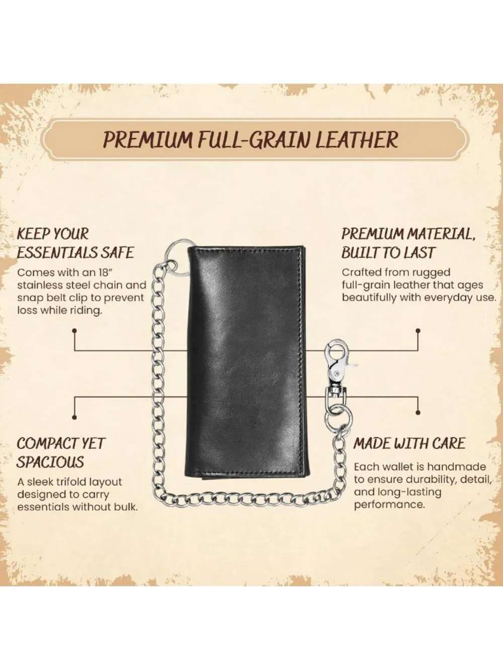 Full Grain Leather Biker Wallet with Chain for Men - Zipper Coin Pocket, ID